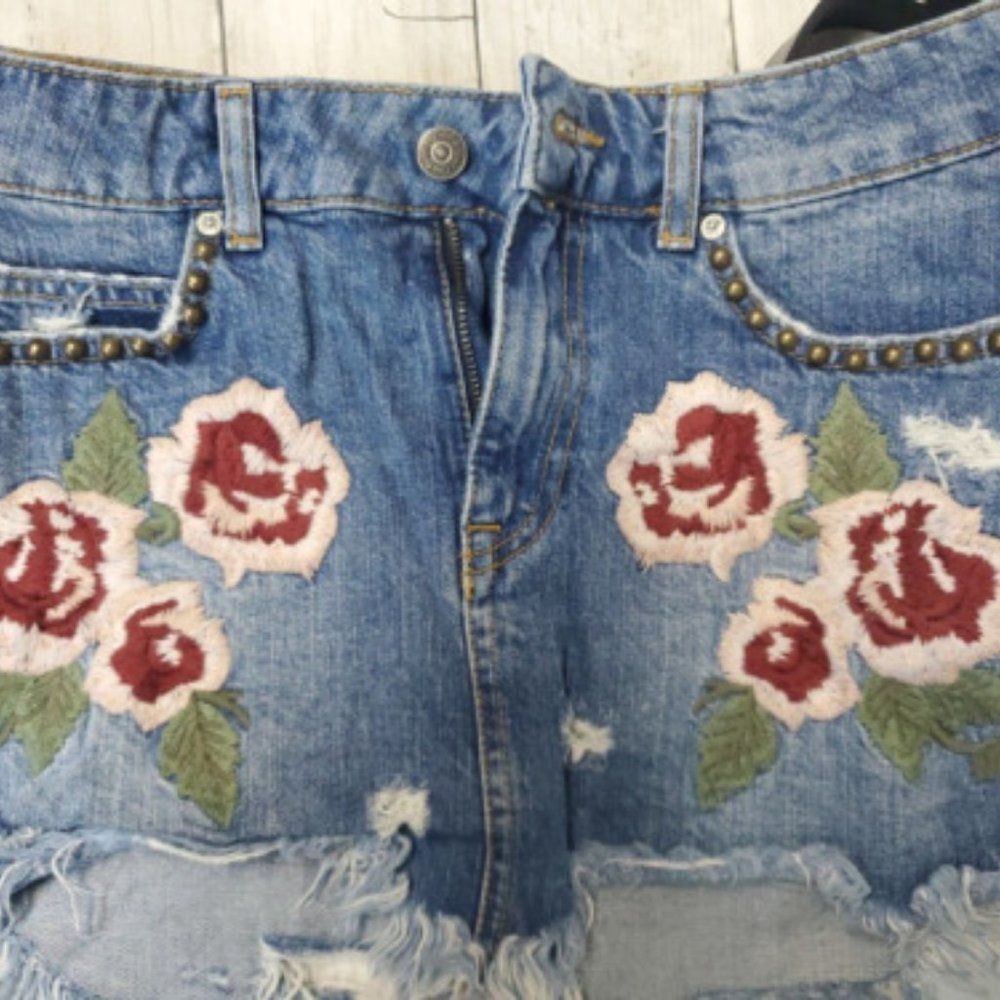 Free People Wild Rise Embroidered Frayed Hem Denim Studded Mini Skirt US25